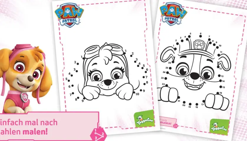 Paw Patrol Malen nach Zahlen Vorlagen für Kinder mit Skye und anderen Charakteren.