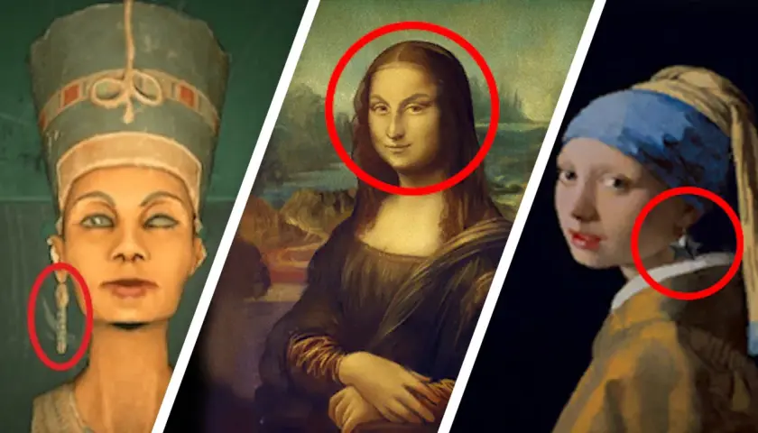 Drei berühmte Kunstwerke mit roten Kreisen, die auf Details hinweisen: Büste von Nofretete, Mona Lisa, Mädchen mit Perlenohrring.