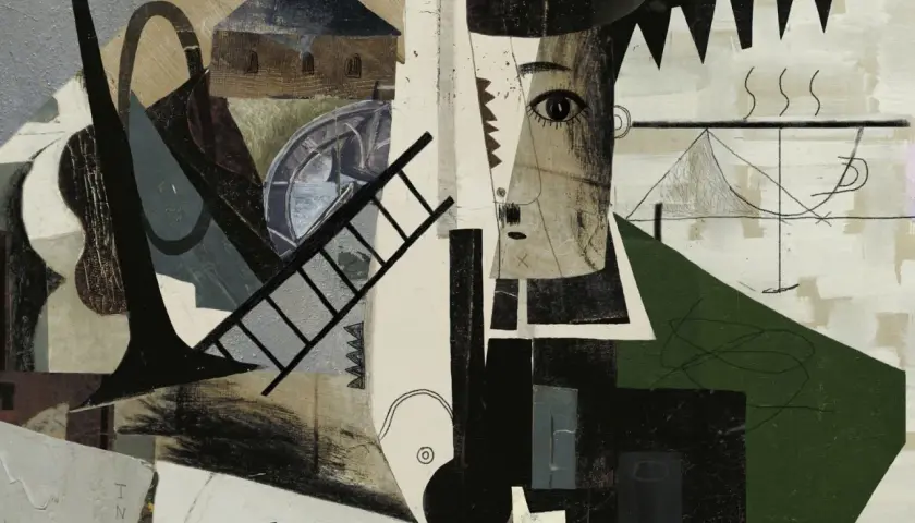 Ein avantgardistisches Porträt mit Fragmenten von Musikinstrumenten, einer Leiter und architektonischen Elementen.
