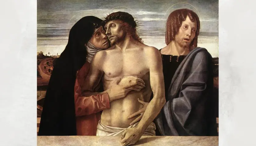 Eine Pieta: Maria betrauert den toten Jesus, gestützt von Johannes.
