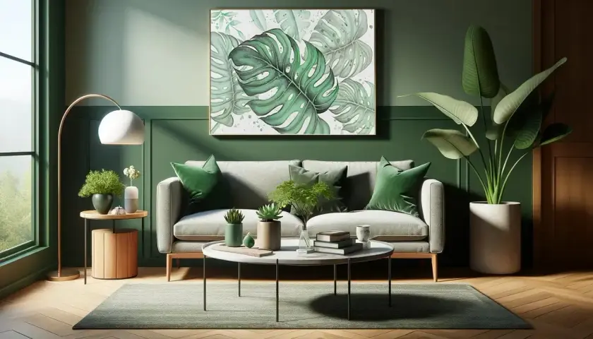 Grün dominiert dieses Wohnzimmer. Ein Gemälde mit Monstera-Blättern und Kissen in verschiedenen Grüntönen zeigen, welche Farbe passt zu grün: neutrale Töne wie Grau und Beige.