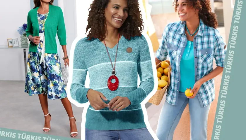 Drei Frauen präsentieren Outfits. Eine trägt ein türkisfarbenes Kleid mit grüner Strickjacke. Eine andere einen türkisfarbenen Pullover. Die dritte eine türkisfarbene Bluse.