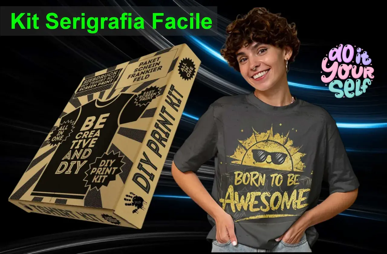 Ein Siebdruck-DIY-T-Shirt-Kit und eine lächelnde Frau in einem T-Shirt mit der Aufschrift "Born to be Awesome".