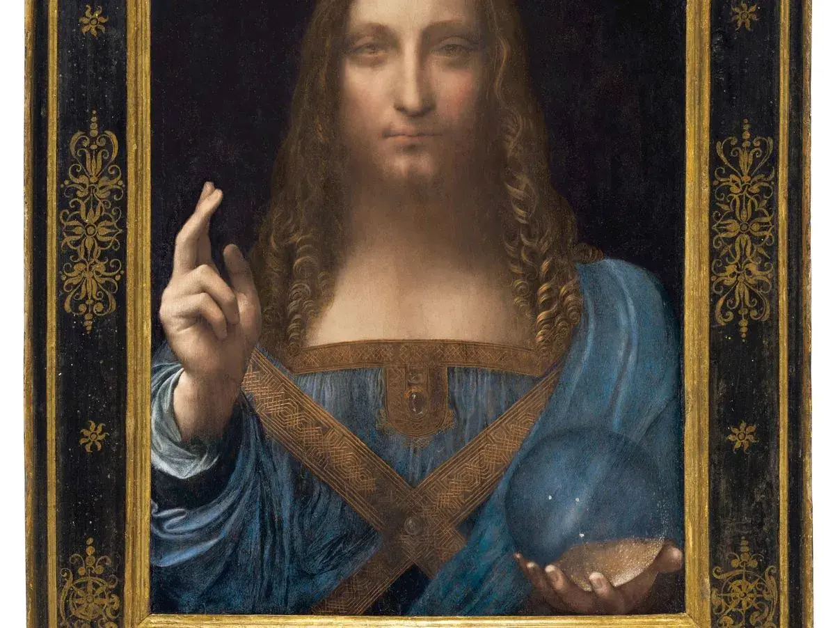 Leonardo da Vincis "Salvator Mundi" mit seinem Rekordpreis. Christus hält eine Kristallkugel und segnet.