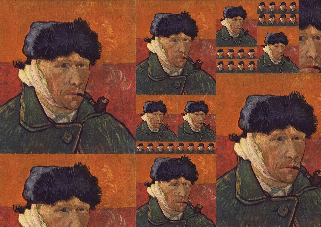 Collage aus Selbstporträts von Vincent van Gogh mit verbundenem Ohr und Pfeife.