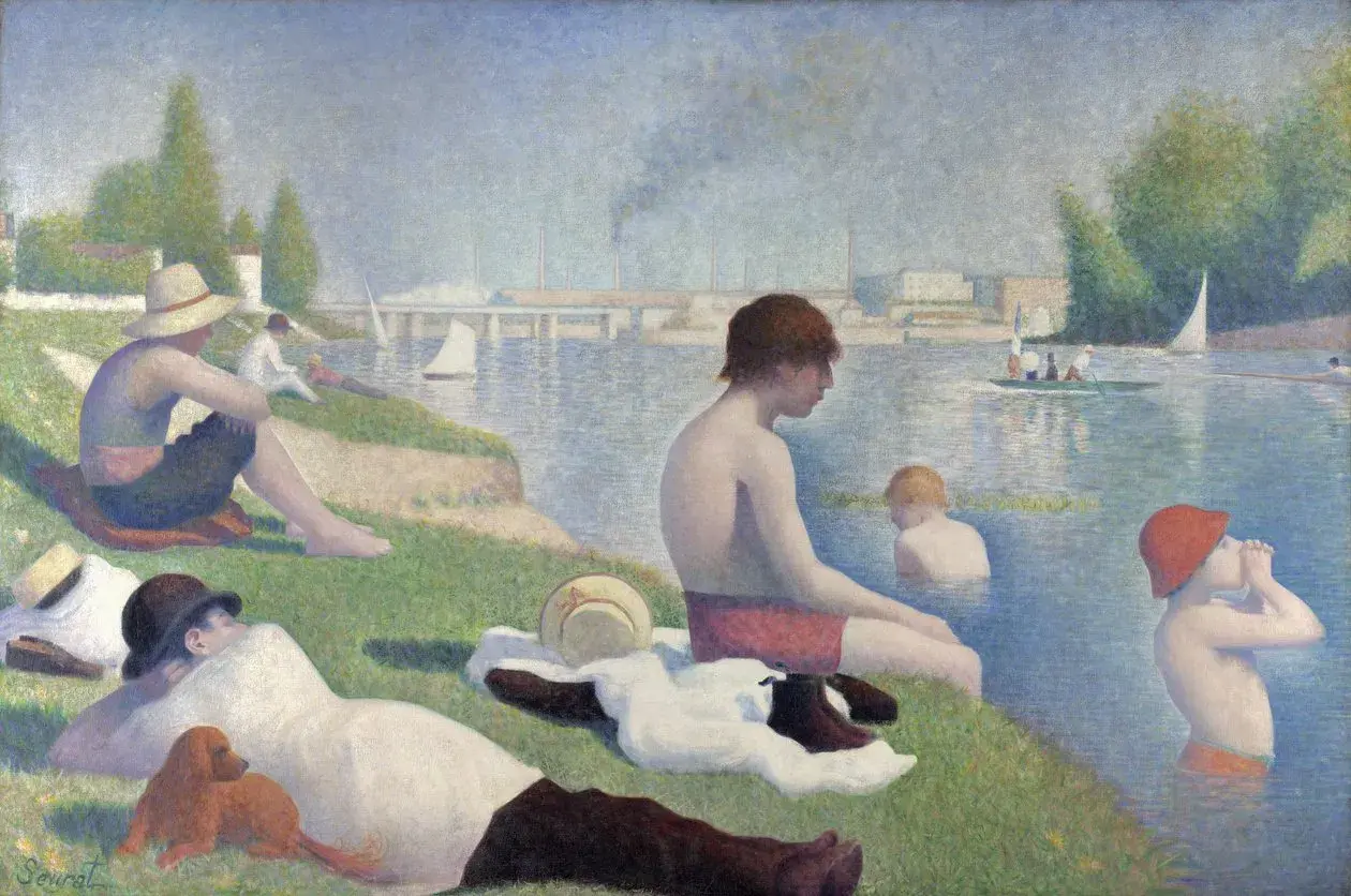 Badende Menschen am Flussufer, im Stil des Pointillismus gemalt.
