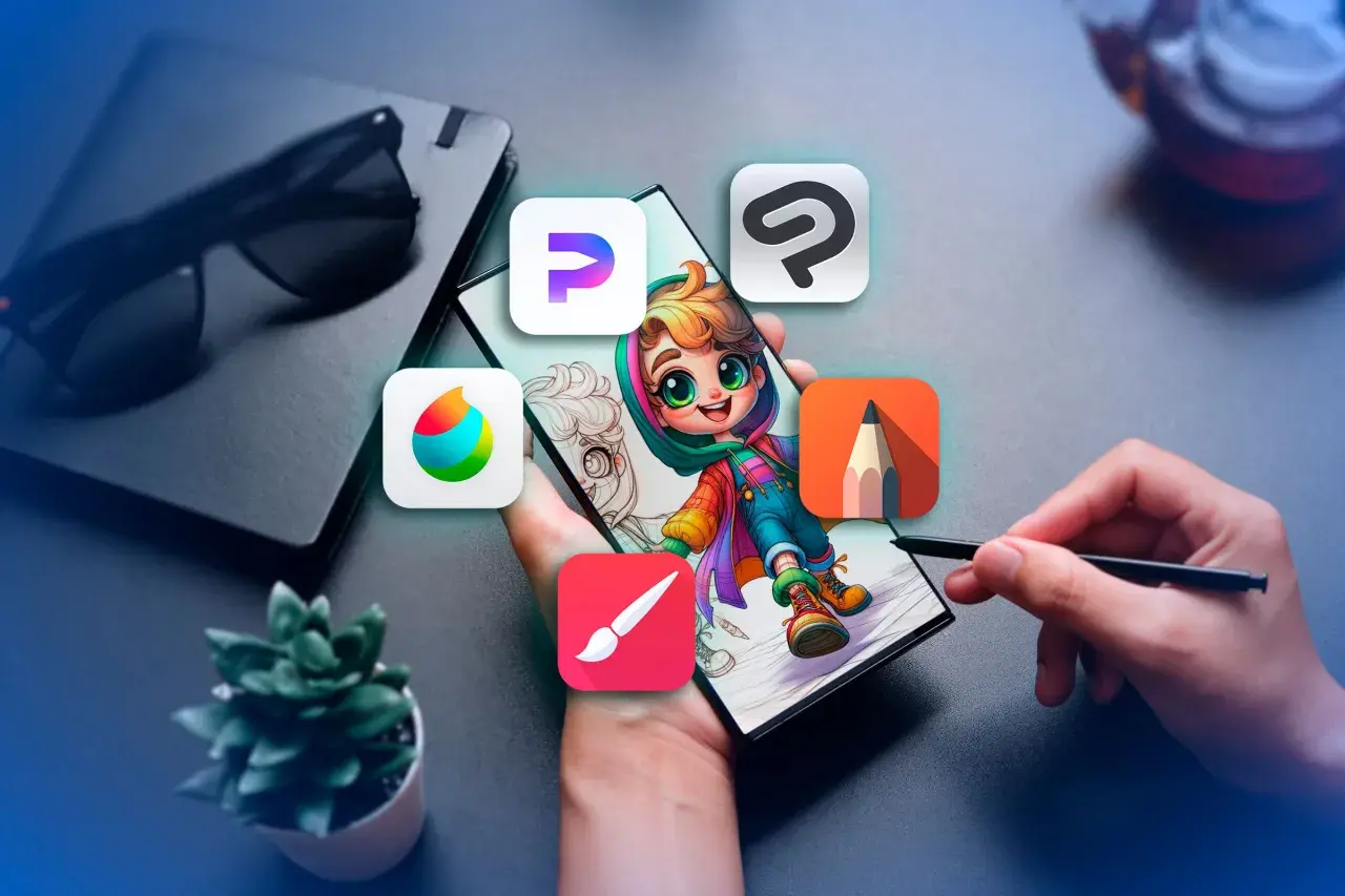 Digitale Kunst auf Android: Ein Smartphone zeigt Apps wie Procreate, Clip Studio Paint und mehr, bereit für kreative Ideen.
