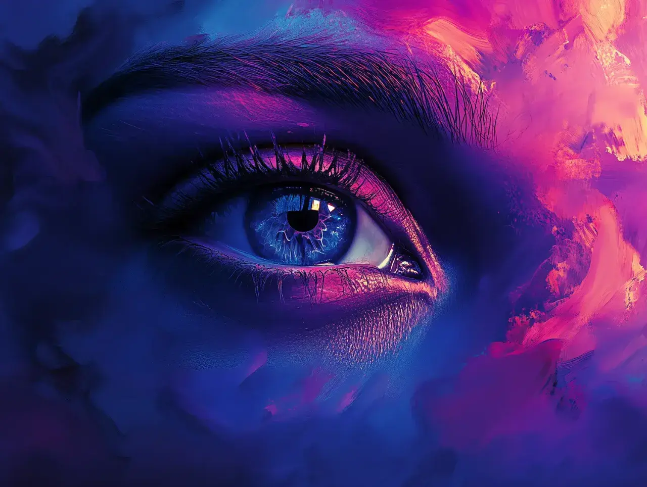 Ein blaues Auge, umgeben von lila und pinker Farbe, wie ein Kunstwerk aus dem Canva Magic Studio.