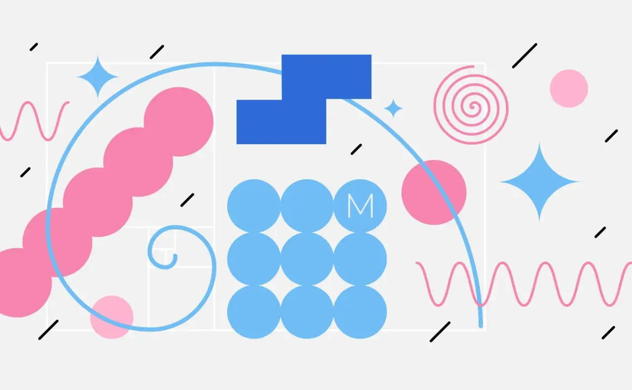 Abstrakte grafische Muster mit Kreisen, Spiralen und Sternen in Rosa und Blau.