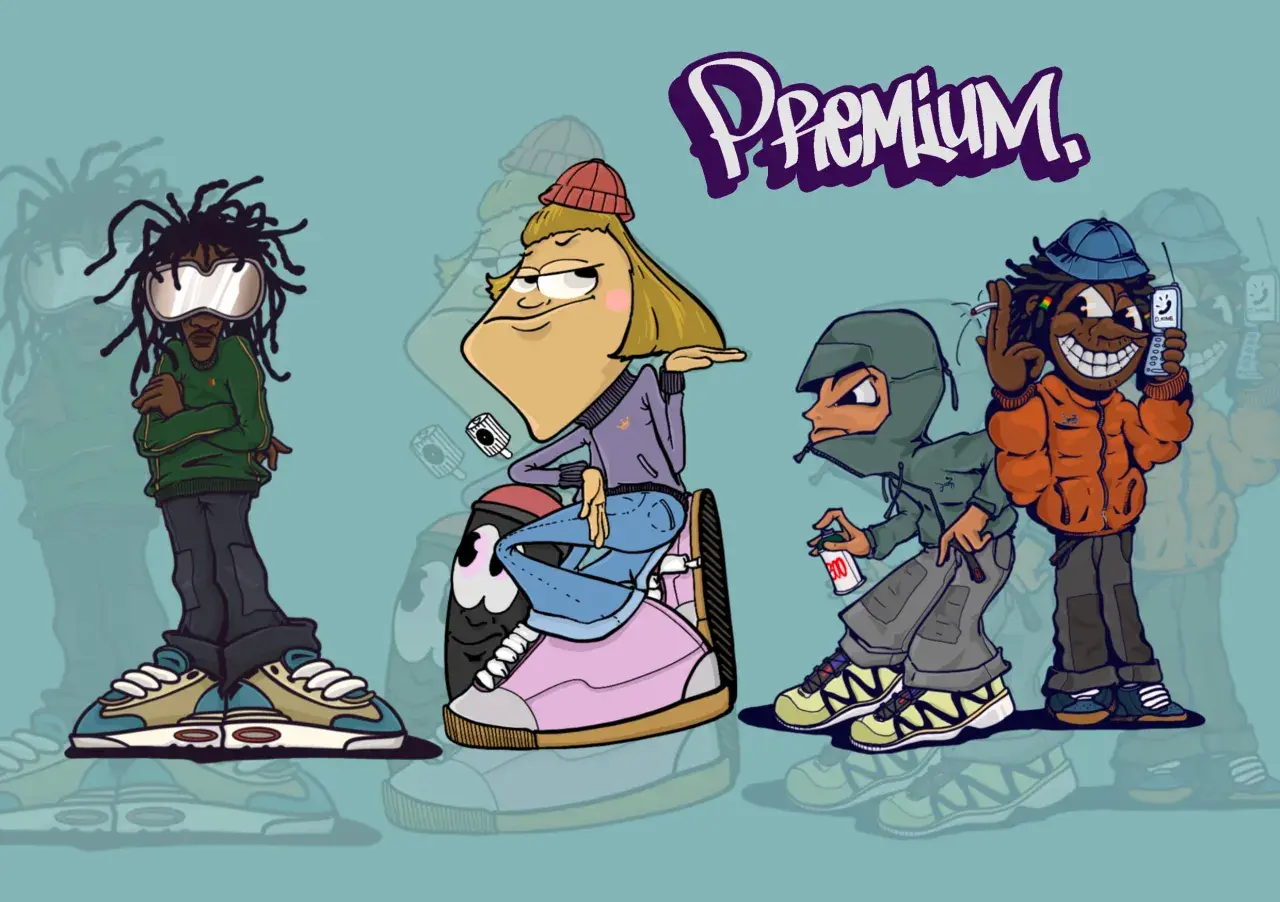 Vier stilisierte Cartoon-Figuren in urbaner Kleidung, darunter eine mit Dreadlocks und Schutzbrille, eine sitzend auf einer Sprühdose, und zwei weitere mit Kapuzenpullover und Handy.