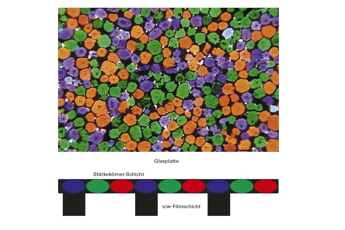 Bunte Körner in den Grundfarben Blau, Grün und Orange auf einer Glasplatte. Darunter eine schematische Darstellung von Farbkörnern auf einer Schwarz-Weiß-Filmschicht.