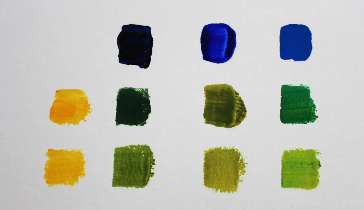 Farbproben auf weißem Papier: Blau, Dunkelblau, Gelb und verschiedene Grüntöne, die zeigen, wie man grün mischen kann.