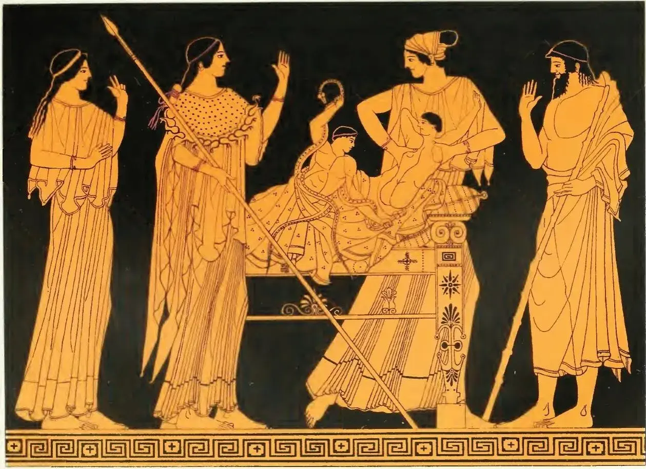 Szene aus der hellenistischen Kunst: Frauen und ein Mann um ein Kind auf einer Liege.
