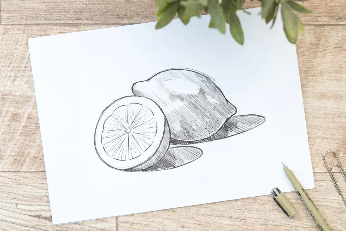 Bleistiftzeichnung von einer ganzen und einer halben Zitrone auf weißem Papier.