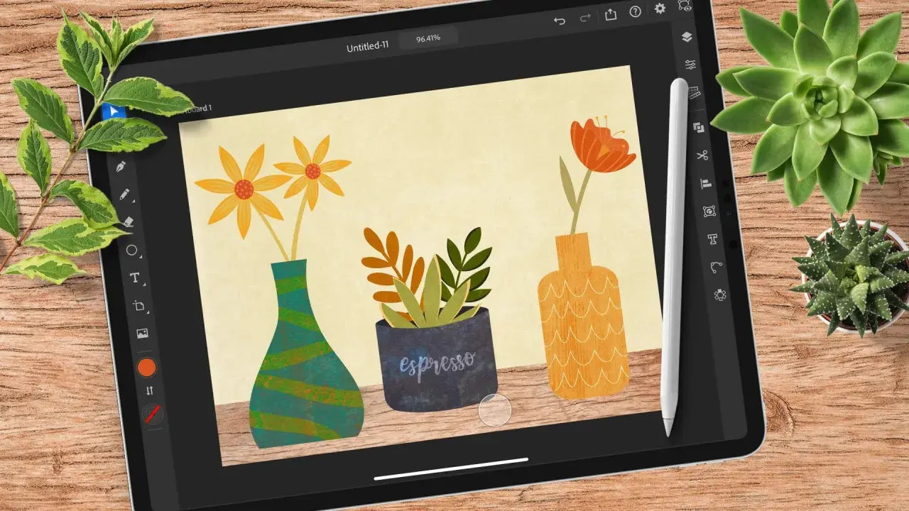 Adobe Illustrator auf dem iPad zeigt eine bunte Illustration von drei Vasen mit Blumen und Pflanzen.