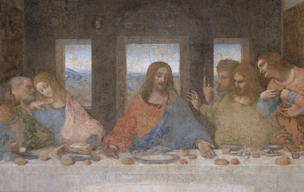 Leonardo da Vinci malte das letzte Abendmahl. Jesus und seine Jünger sitzen an einer Tafel.