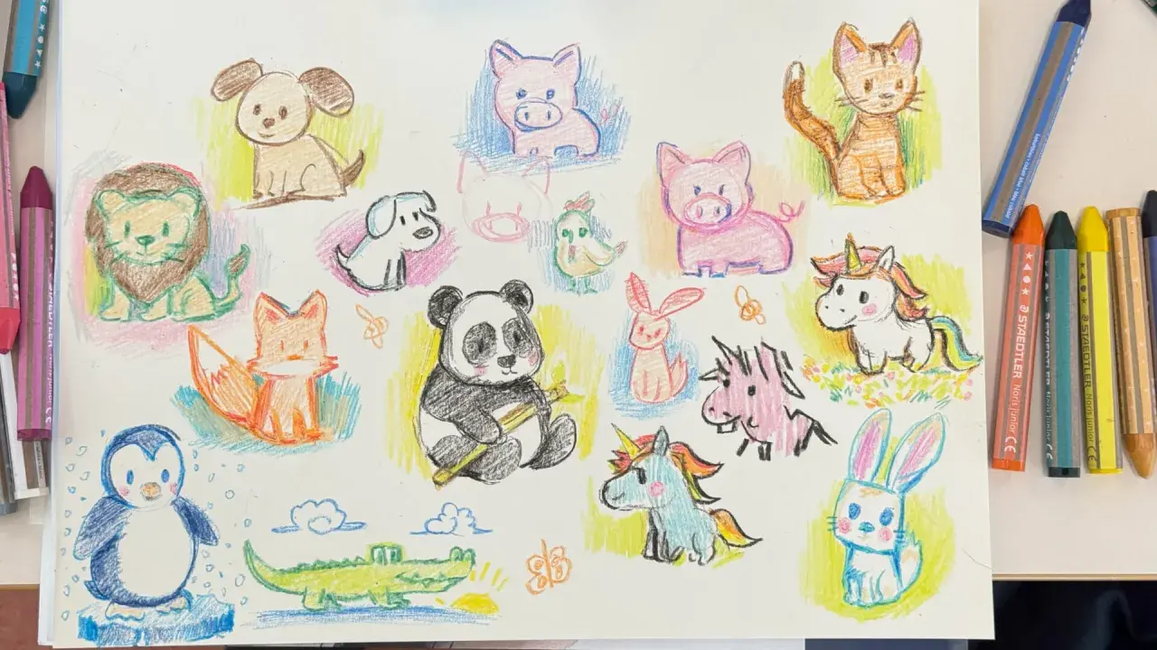 Buntstiftzeichnungen von niedlichen Tieren wie Panda, Fuchs, Einhorn, Hund, Katze, Schwein, Pinguin, Löwe, Hase, Krokodil und Vogel.