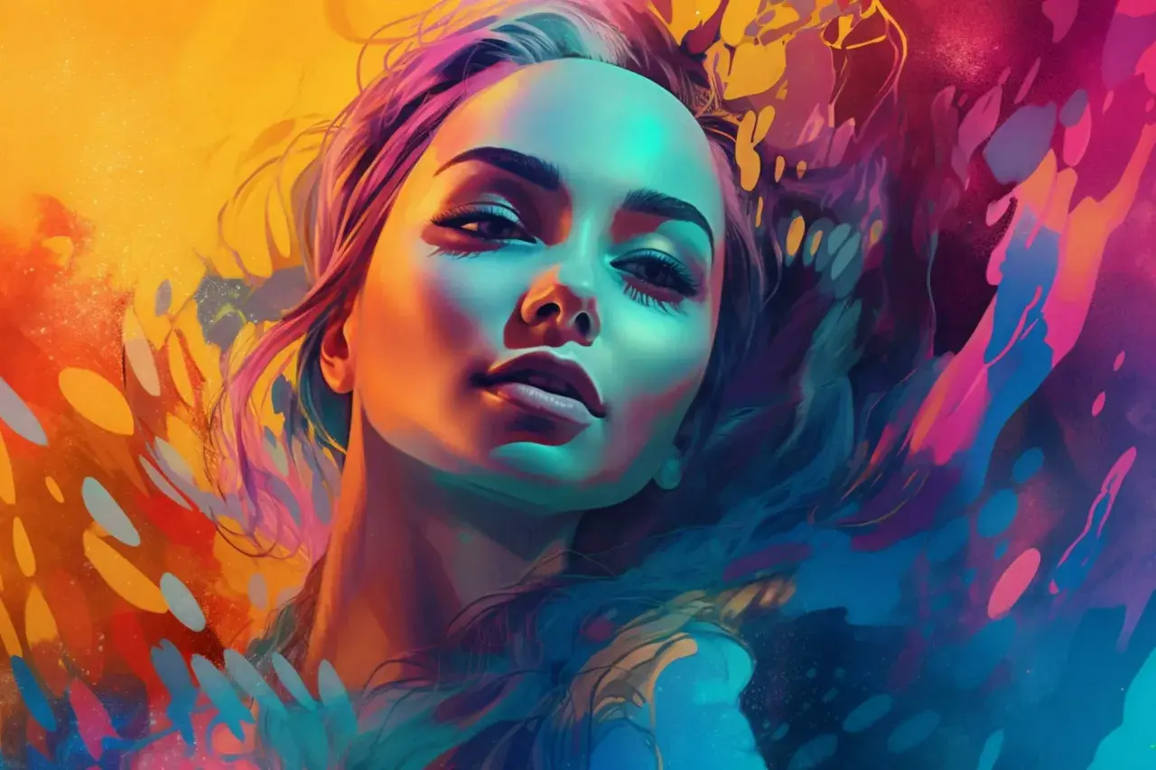Ein Porträt einer Frau in leuchtenden Farben, das wie eine lebendige Animation wirkt. Ihr Gesicht ist von blauem und orangefarbenem Licht beleuchtet, umgeben von einem Wirbel aus Pink und Gelb.