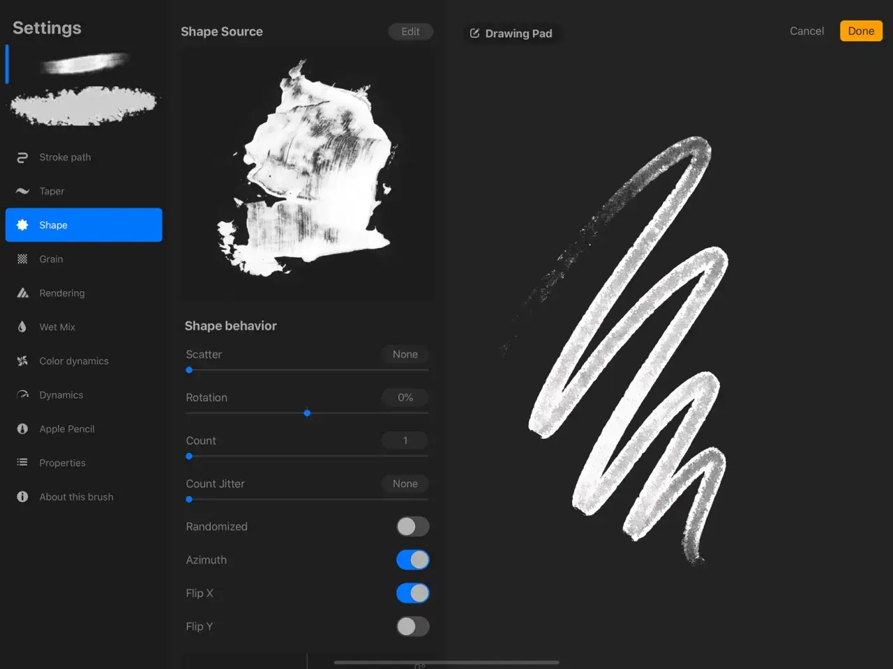 Procreate Pinsel-Einstellungen: Formquelle, Verhalten und Beispielstrich. Die Kosten für Procreate sind gering für diese kreativen Möglichkeiten.