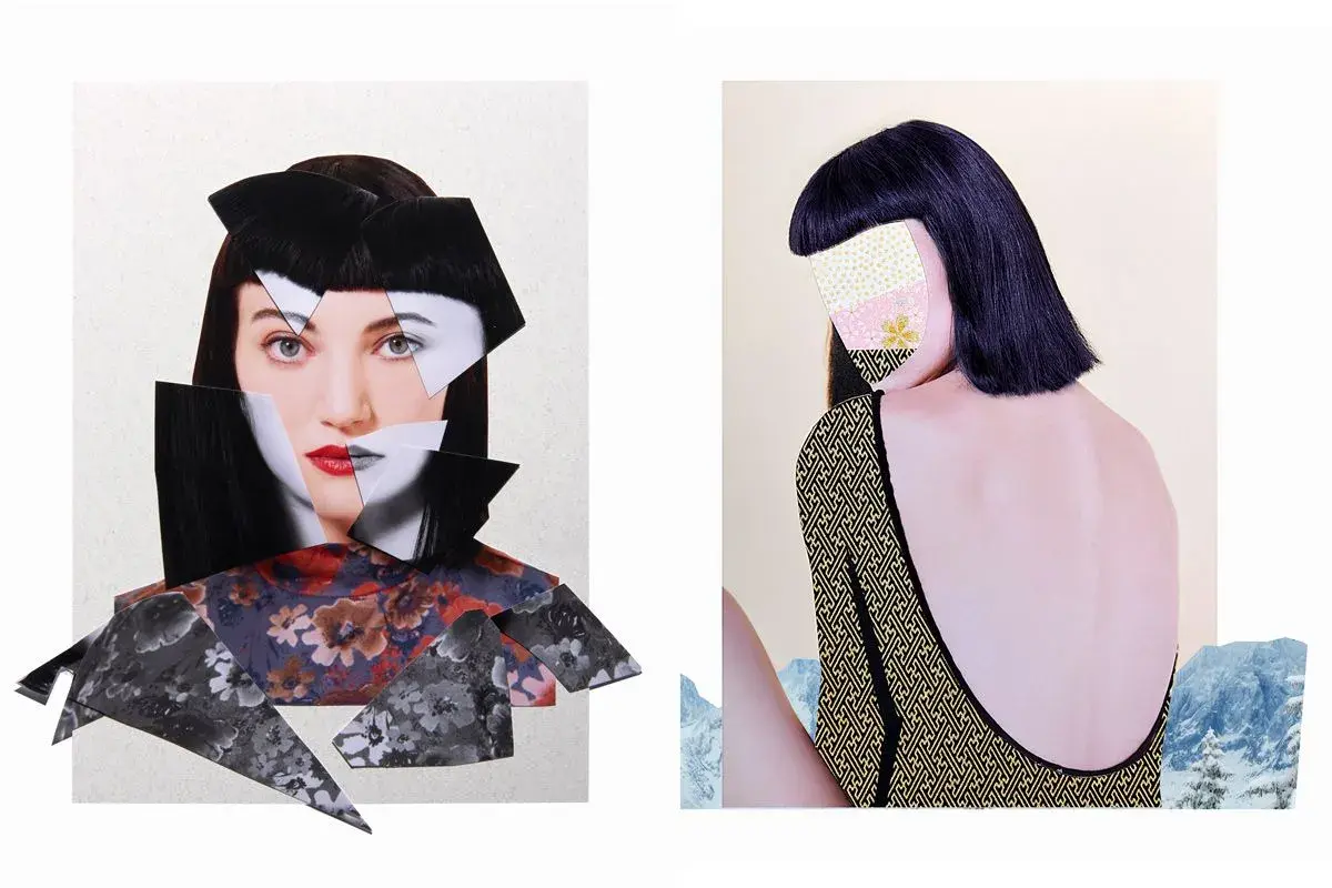Zwei Gesichter in einer digitalen Collage: Ein zerstückeltes Porträt mit roten Lippen und ein Rückenansicht mit gemustertem Stoff.