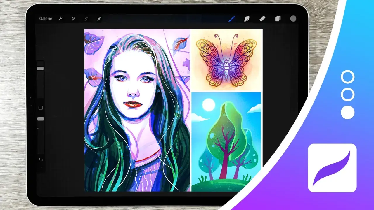 Bunte Illustrationen auf einem iPad mit Procreate: Porträt einer Frau, Schmetterling und Bäume.