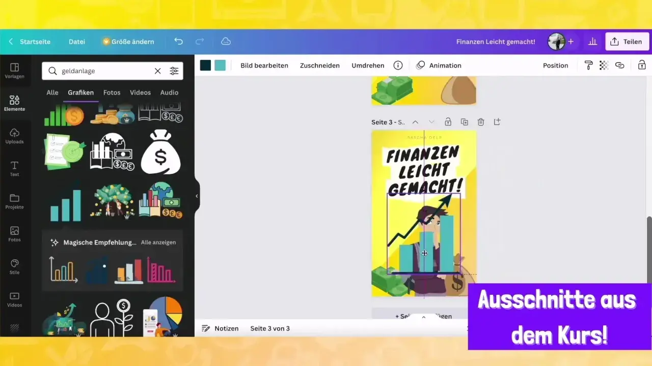 Canva-Design mit Finanz-Grafiken. Suche nach "geldanlage" für Inspiration, um "Finanzen leicht gemacht!" zu gestalten.