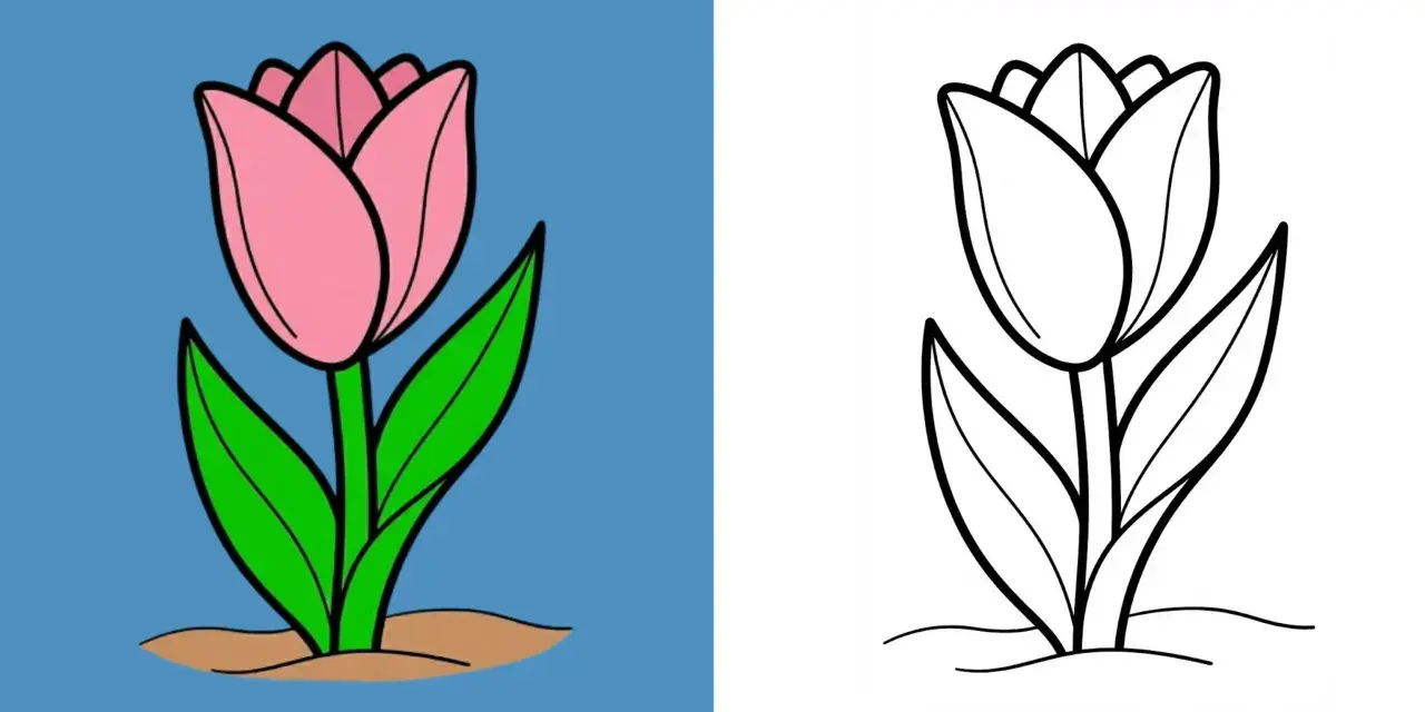 Zwei Tulpenzeichnungen: eine farbig rosa auf blauem Grund, eine schwarz-weiß zum Ausmalen.