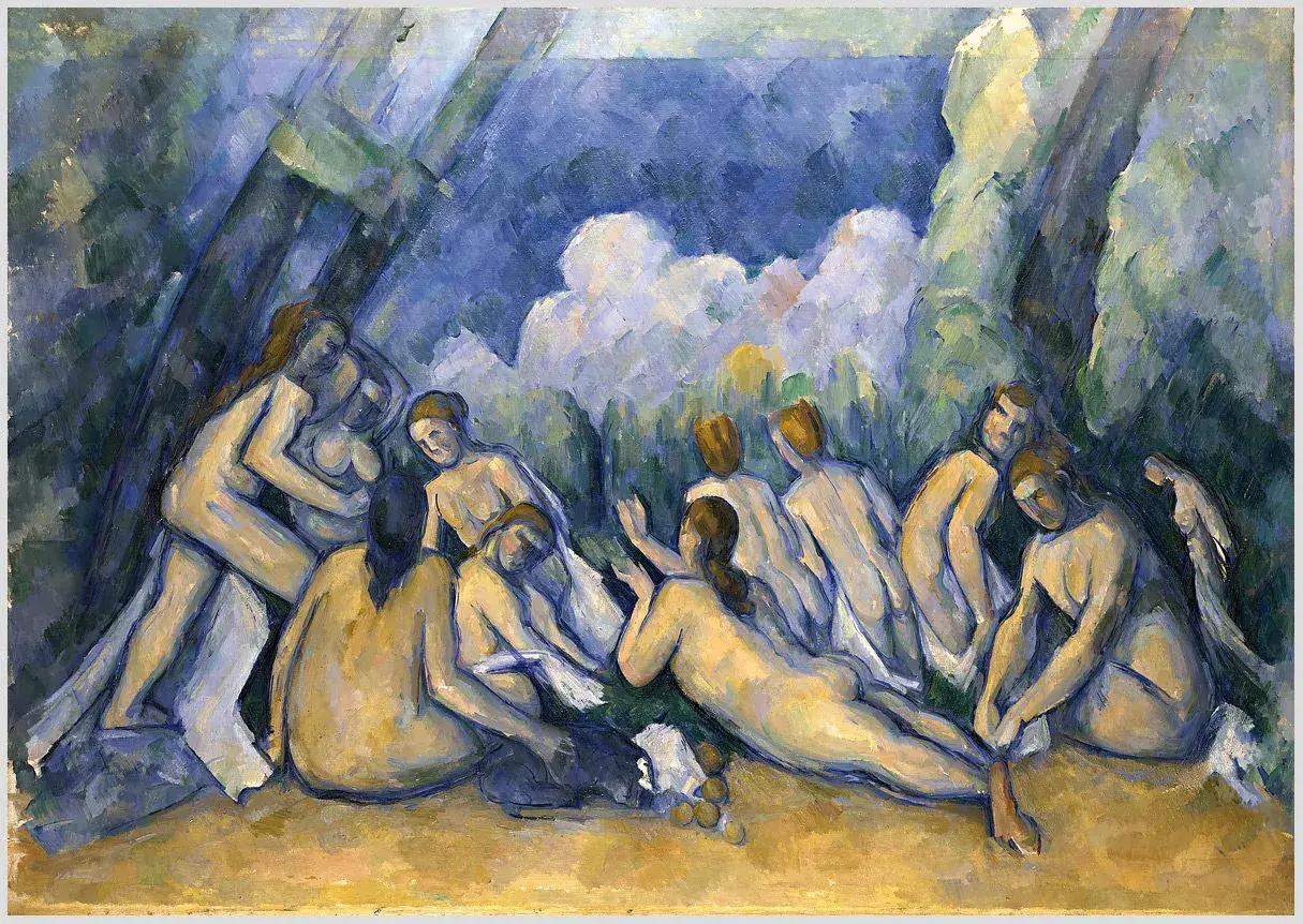 Die badenden Frauen entspannen sich in einer Waldlichtung. Ihre Körper sind in warmen Gelb- und kühlen Blautönen gemalt, umgeben von üppigem Grün.