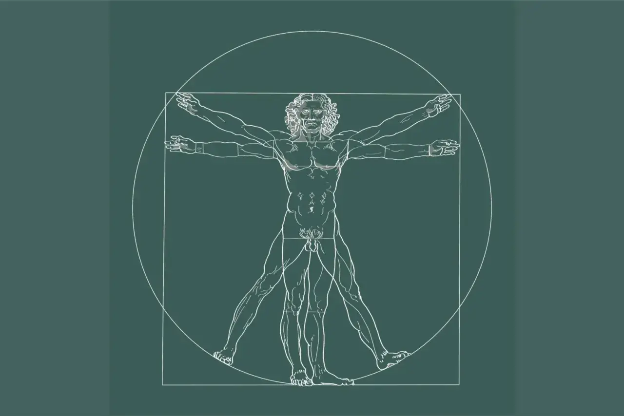 Vitruvianischer Mann, der den **goldenen Schnitt Körper** in einem Kreis und Quadrat darstellt.
