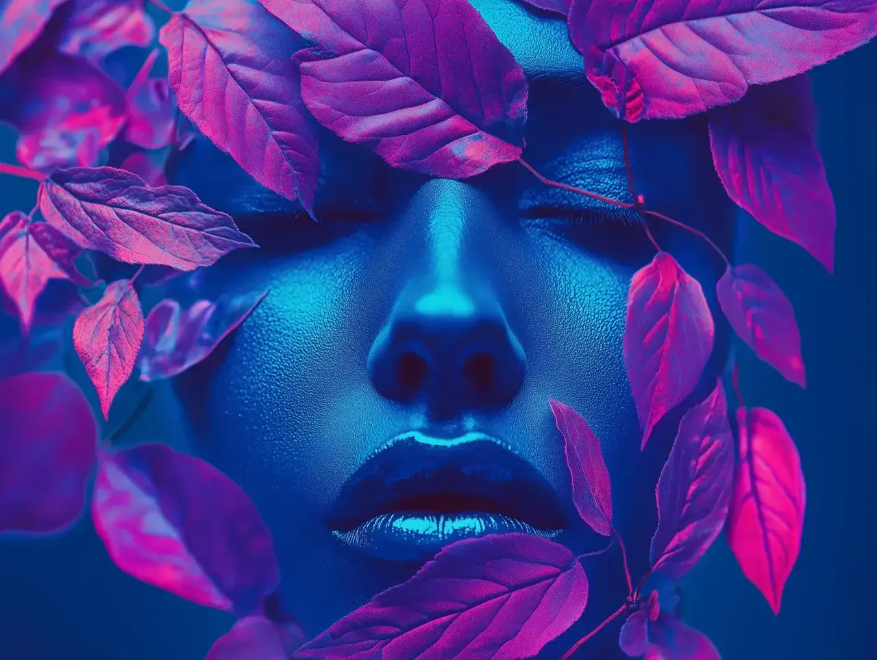 Gesicht einer Frau in Neonblau, umrahmt von lila Blättern. Ein Hauch von photoshop ki verleiht dem Bild eine surreale Tiefe.