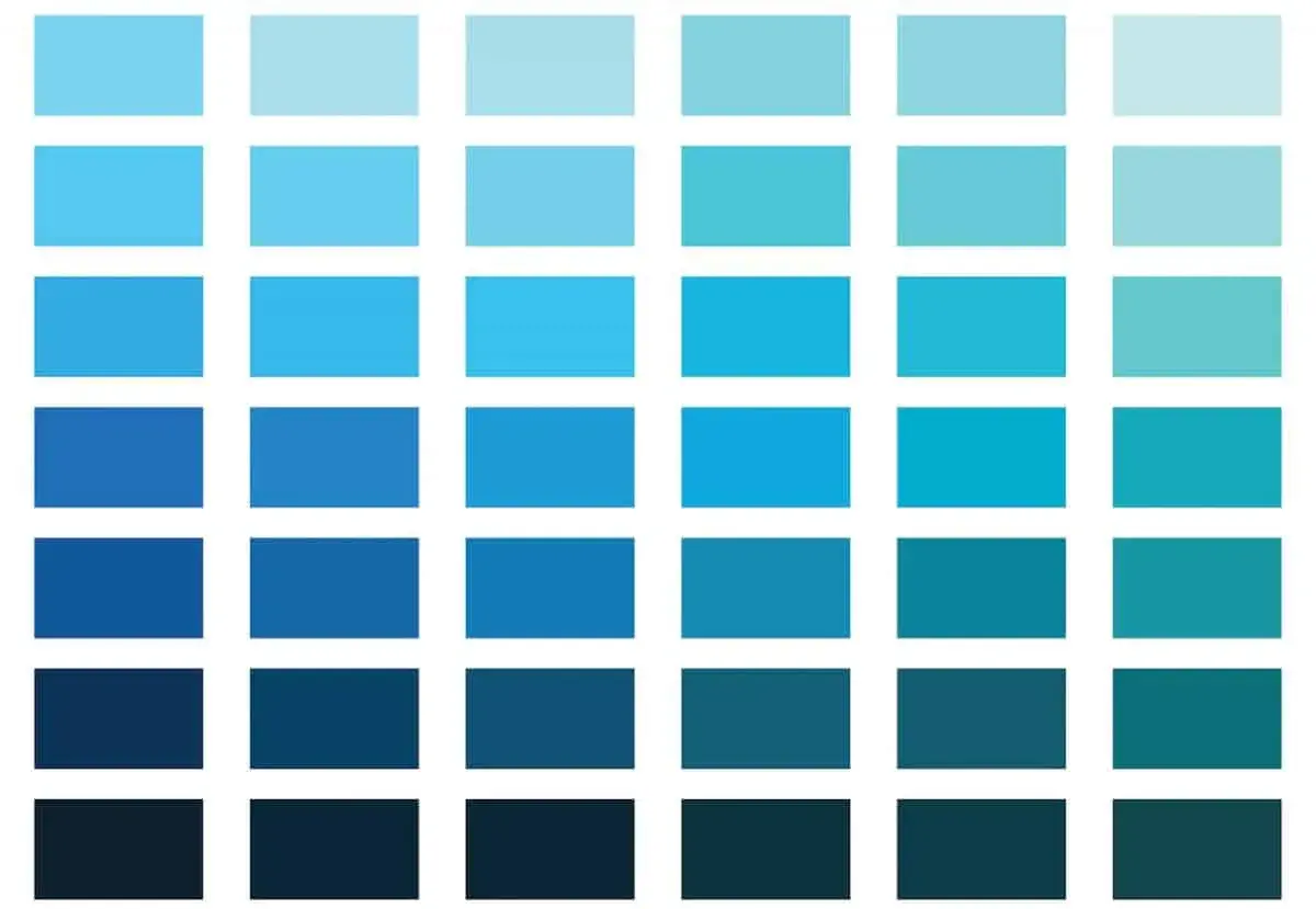 Reihen von blauen Quadraten, die verschiedene blautöne namen zeigen, von hell bis dunkel.