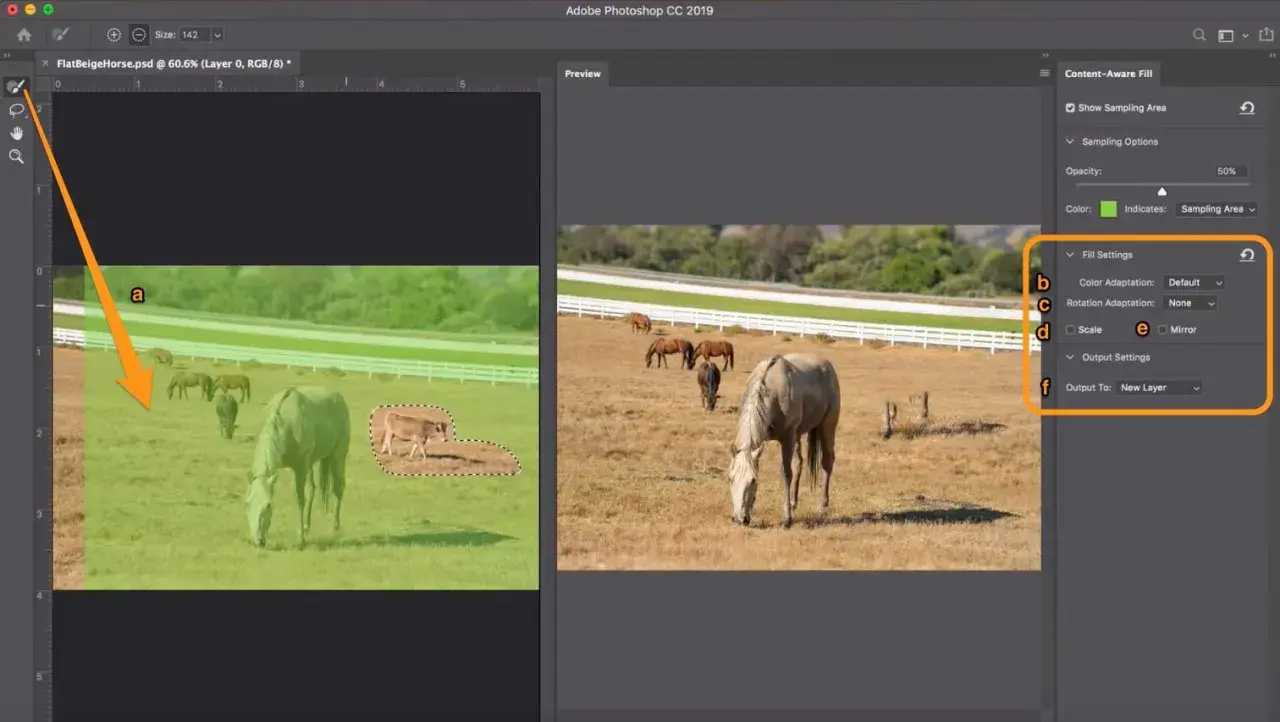 Photoshop-Fenster zeigt die Funktion "Inhaltsbasiert füllen" mit einer Kuhauswahl auf einer Weide mit Pferden. Einstellungen für das Füllen sind sichtbar.