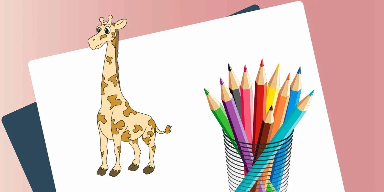 Eine gezeichnete Giraffe neben einem Glas mit bunten Buntstiften.
