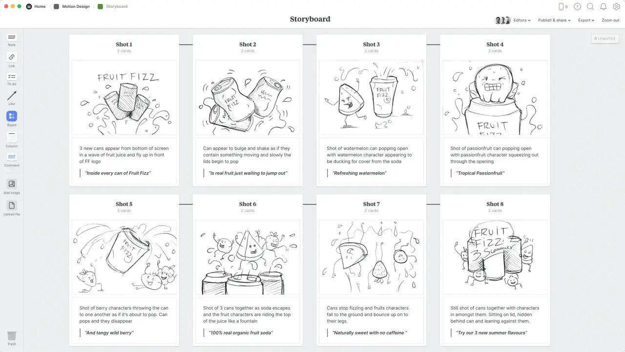 Storyboard mit acht Szenen, die die Entstehung von Fruchtgetränken und deren Charaktere zeigen.
