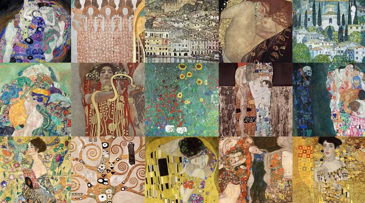 Gustav Klimts "Tod und Leben" Collage: Liebe, Geburt, Tod und Natur in seinen ikonischen Werken.