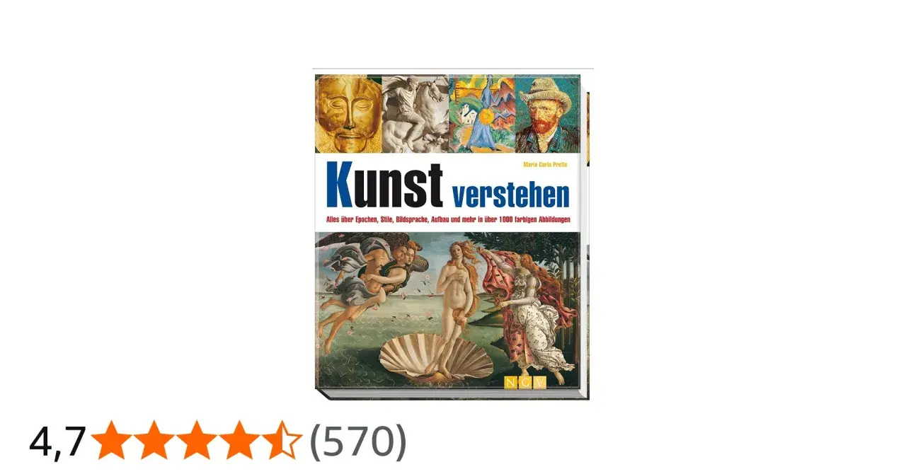 Buchcover "Kunst verstehen" mit einer Collage aus verschiedenen Kunstwerken, von antiken Skulpturen bis zu Van Gogh. Ein **abstraktes** Element bildet die obere Reihe.