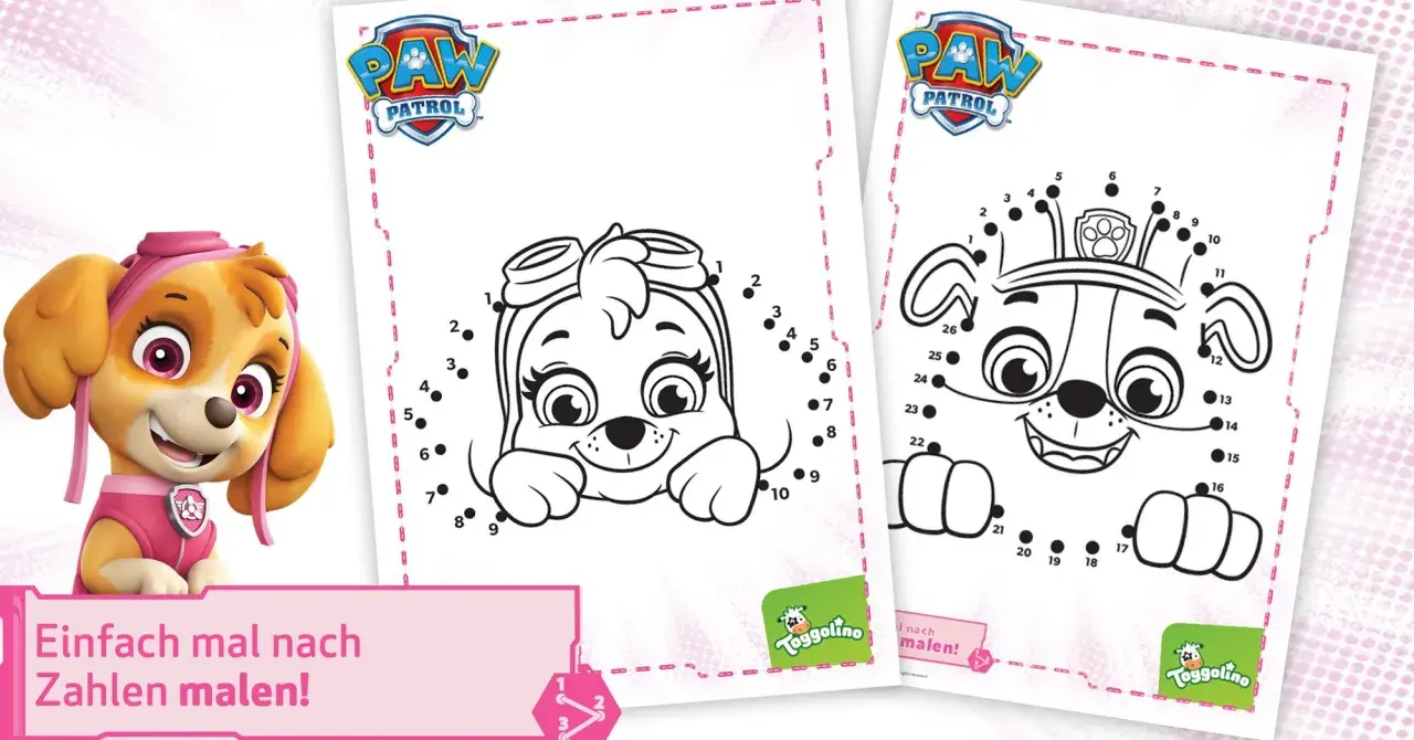 Paw Patrol Malen nach Zahlen Vorlagen für Kinder mit Skye und anderen Charakteren.