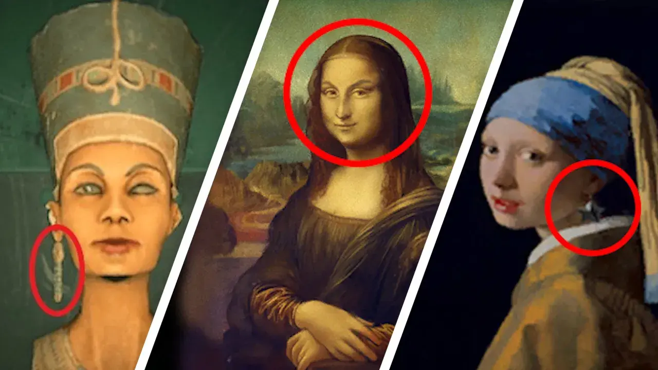 Drei berühmte Kunstwerke mit roten Kreisen, die auf Details hinweisen: Büste von Nofretete, Mona Lisa, Mädchen mit Perlenohrring.