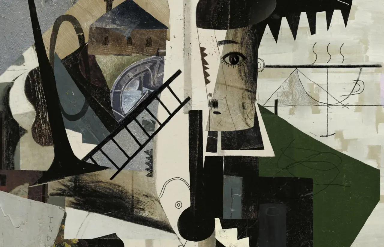Ein avantgardistisches Porträt mit Fragmenten von Musikinstrumenten, einer Leiter und architektonischen Elementen.