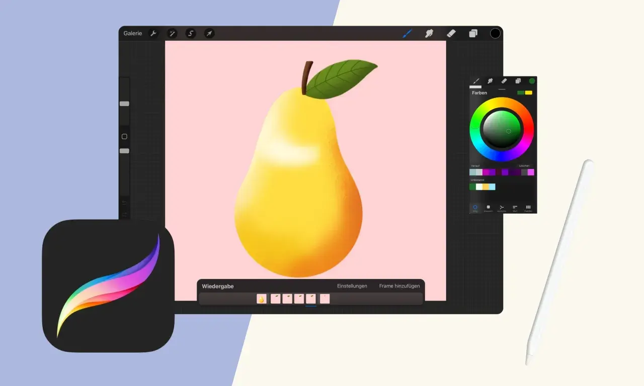 Digitale Kunst mit einer Birne, die auf einem rosa Hintergrund gezeichnet wird. Eine Procreate Alternative mit Farbpalette und Stift.