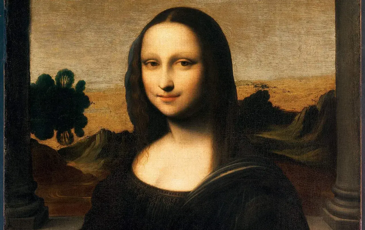 Das berühmte Mona Lisa Bild Original von Leonardo da Vinci zeigt eine Frau mit geheimnisvollem Lächeln vor einer Landschaft.