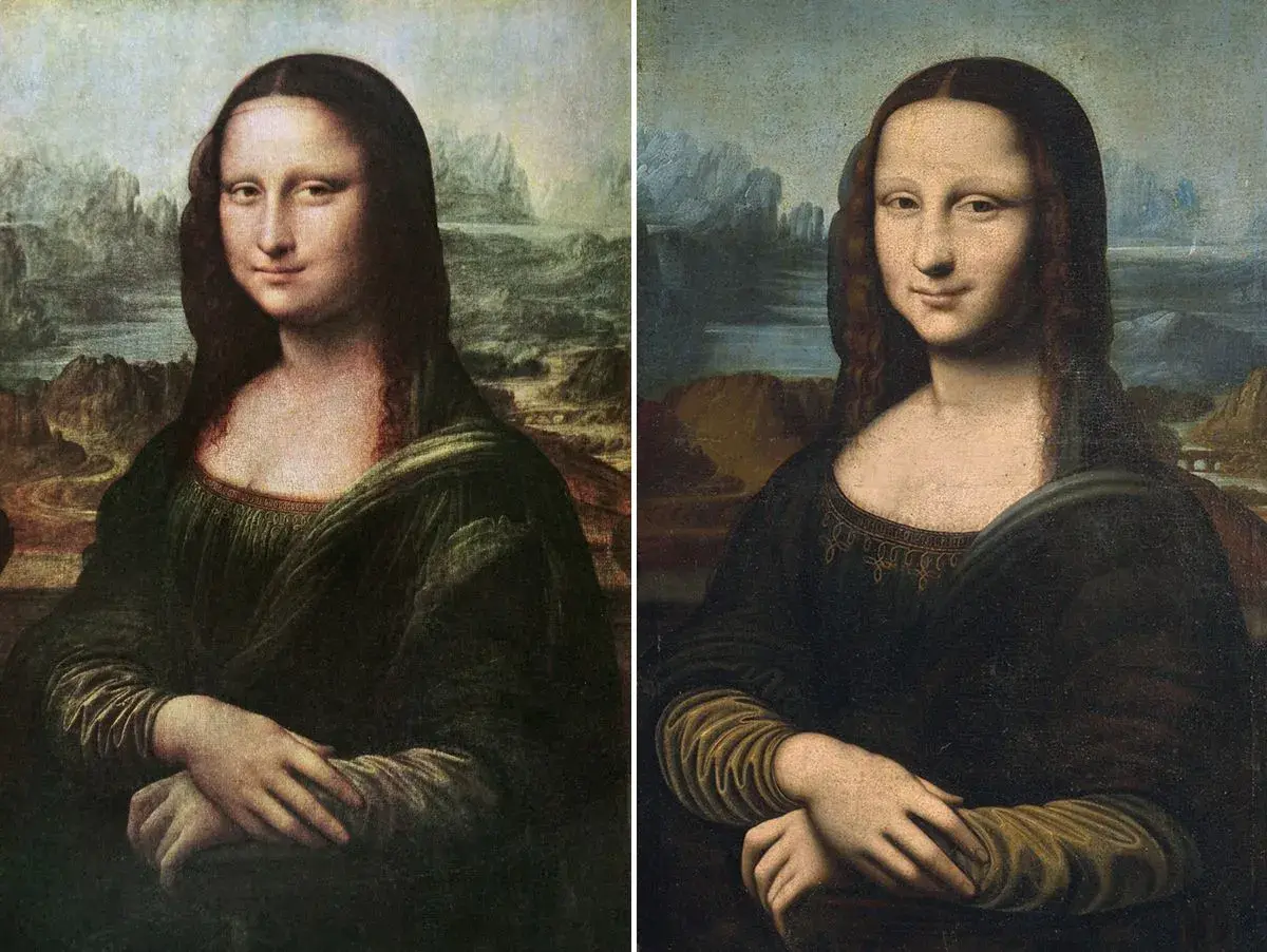 Zwei Mona Lisa-Gemälde nebeneinander, die Unterschiede in Farbe und **Mona Lisa Größe** zeigen.