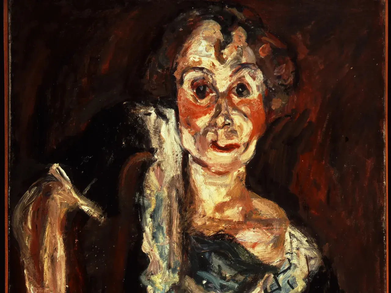 Ein Porträt mit expressivem Duktus Kunst, das eine Frau mit leuchtend roten Wangen und weit aufgerissenen Augen zeigt.