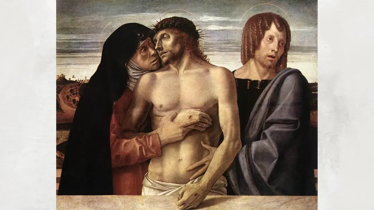 Eine Pieta: Maria betrauert den toten Jesus, gestützt von Johannes.