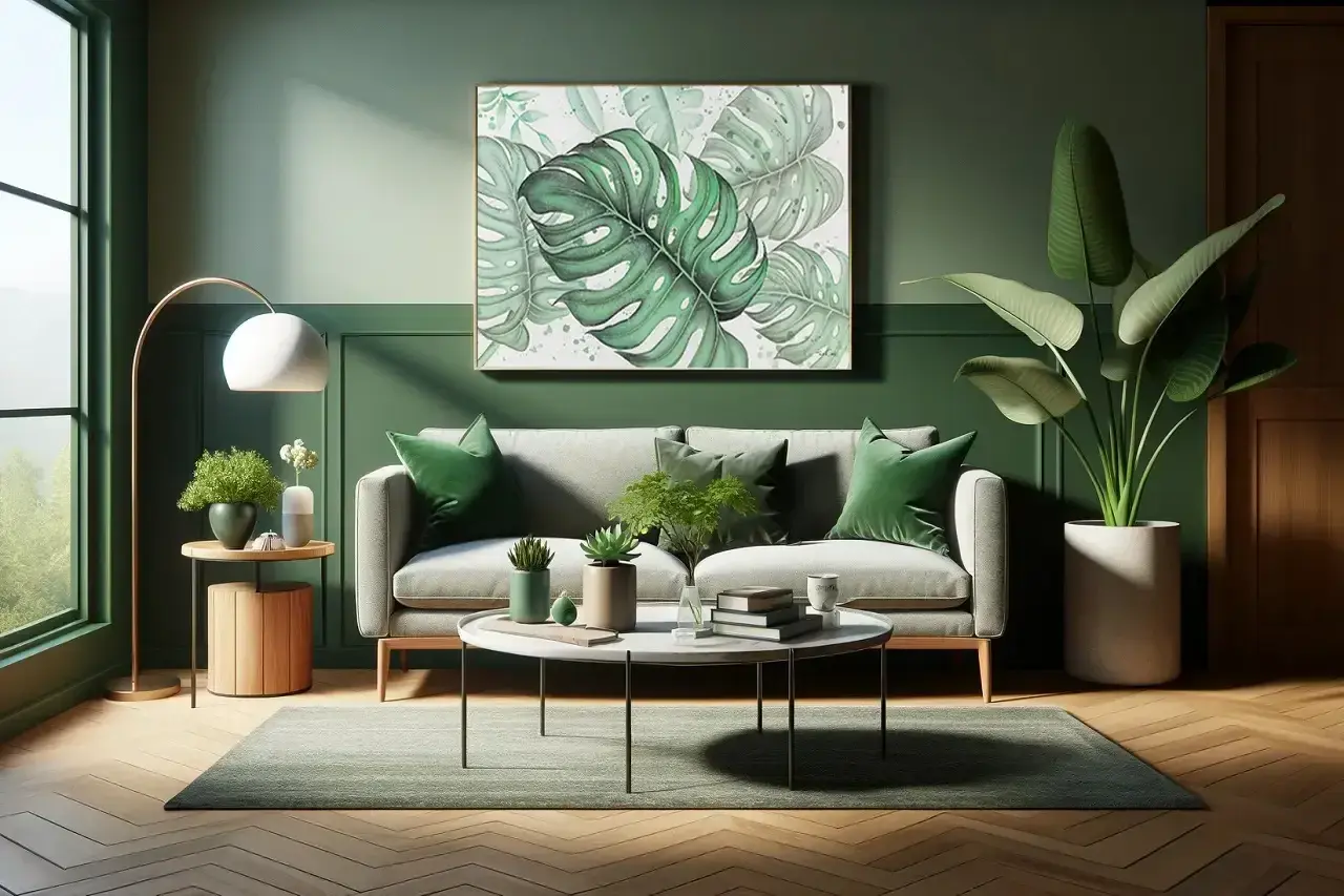 Grün dominiert dieses Wohnzimmer. Ein Gemälde mit Monstera-Blättern und Kissen in verschiedenen Grüntönen zeigen, welche Farbe passt zu grün: neutrale Töne wie Grau und Beige.