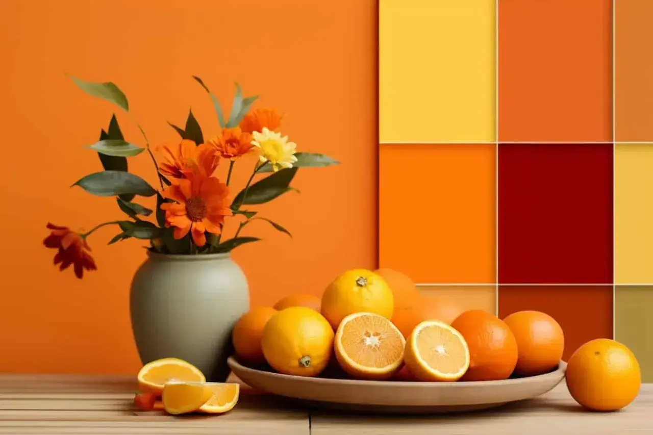 Ein Strauß orangefarbener Blumen und frische Orangen auf einem Holztisch. Die Farben rot und gelb mischen sich in einem abstrakten Hintergrund aus Farbquadraten.