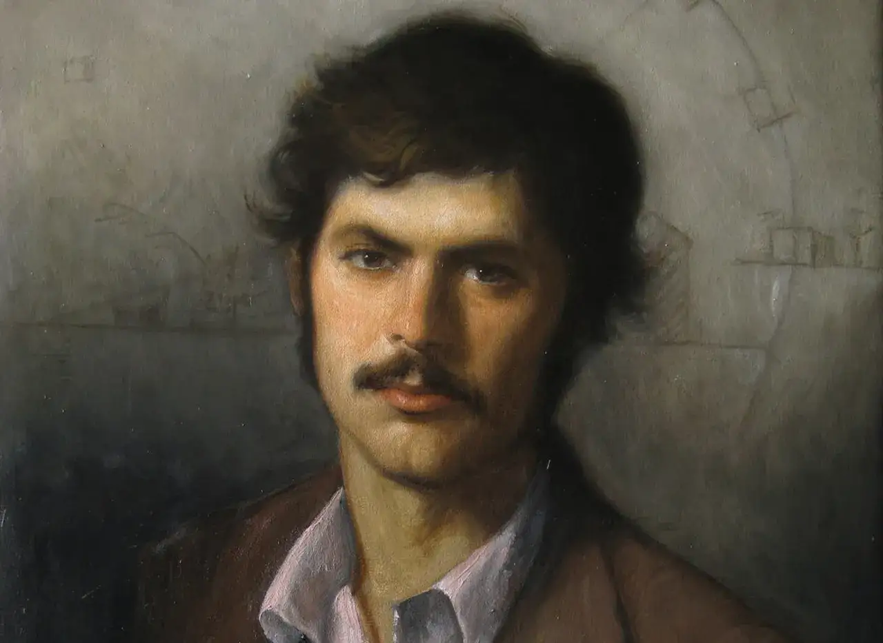Gemälde eines jungen Mannes mit Schnurrbart und dunklem Haar. Die portrait definition wird hier durch die Darstellung des Gesichts und Oberkörpers erfüllt.