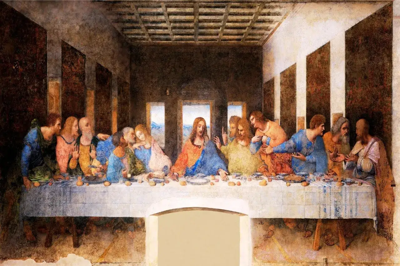 Das letzte Abendmahl: Jesus sitzt mit seinen Jüngern am Tisch. Dramatische Gesten und Emotionen spiegeln die Ankündigung des Verrats wider.