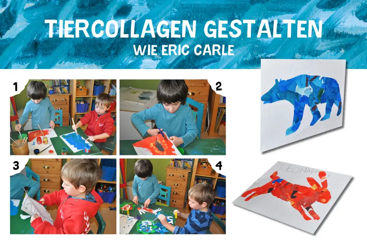 Kinder malen mit verschiedenen Techniken, Collage