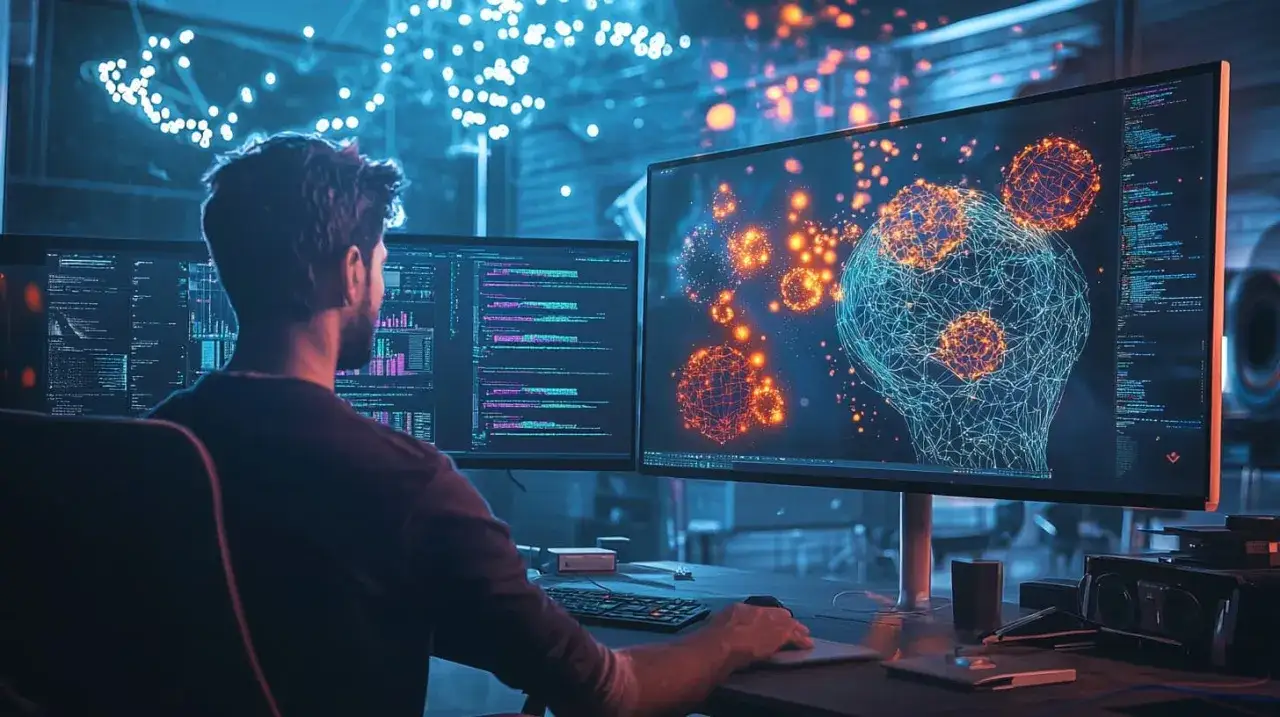 Ein Mann programmiert im Dunkeln, während auf dem Bildschirm eine abstrakte Darstellung eines Gehirns mit leuchtenden Kugeln erscheint, inspiriert von Canva Magic Studio.